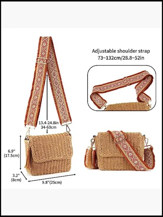 Straw Braided Crossbody Bag Boho Chic Summer Beach Handbag Adjustable Strap - Picture 4 of 6